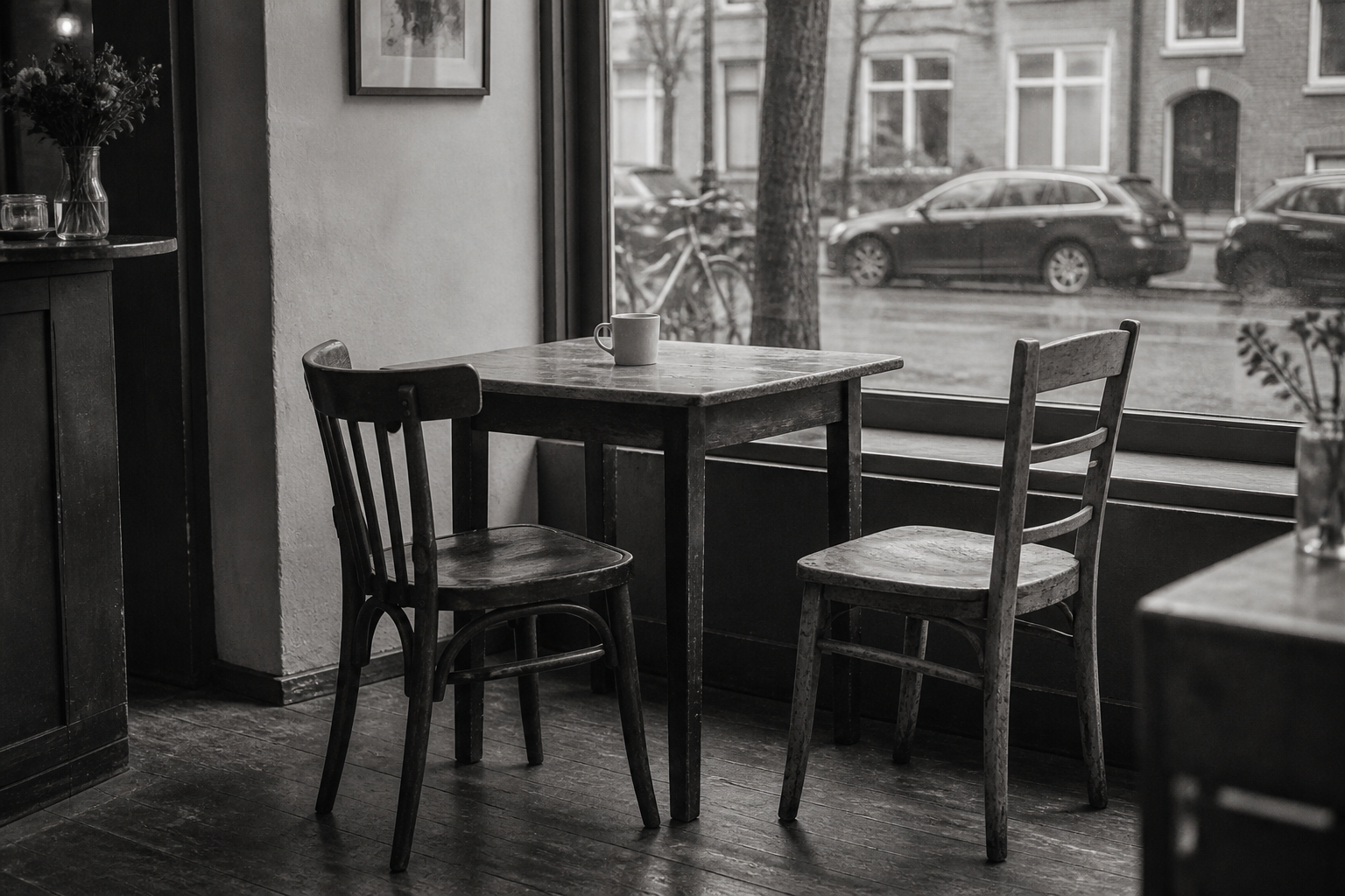 Black-and-white image of two worn chairs beside a café window