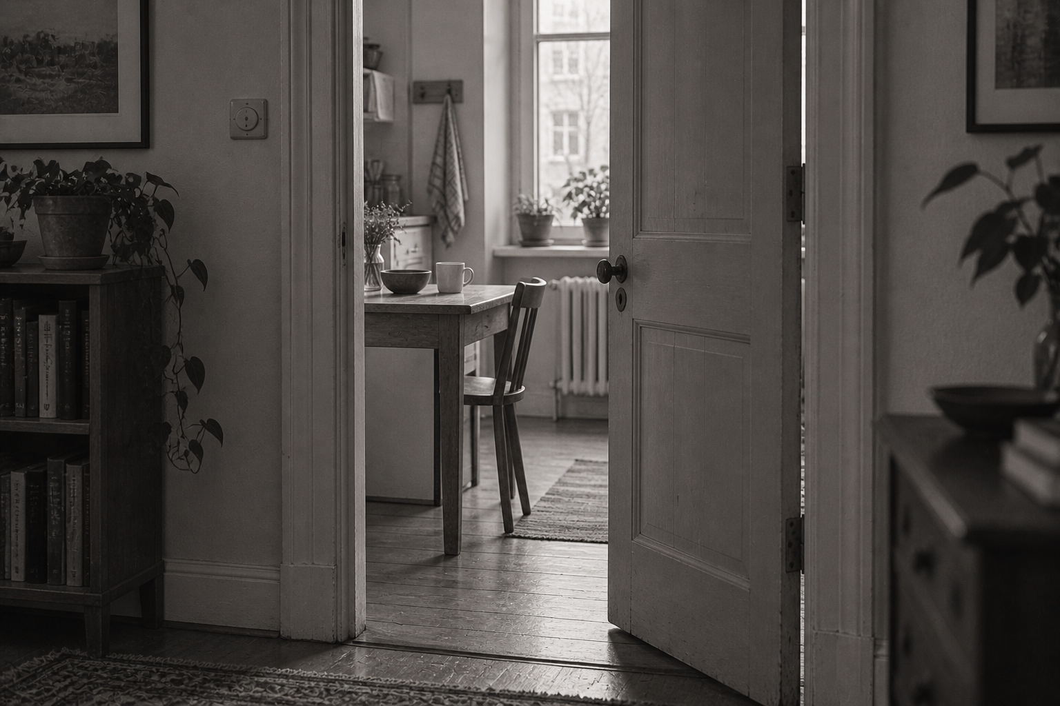 Black-and-white photograph of an open doorway into a quiet kitchen