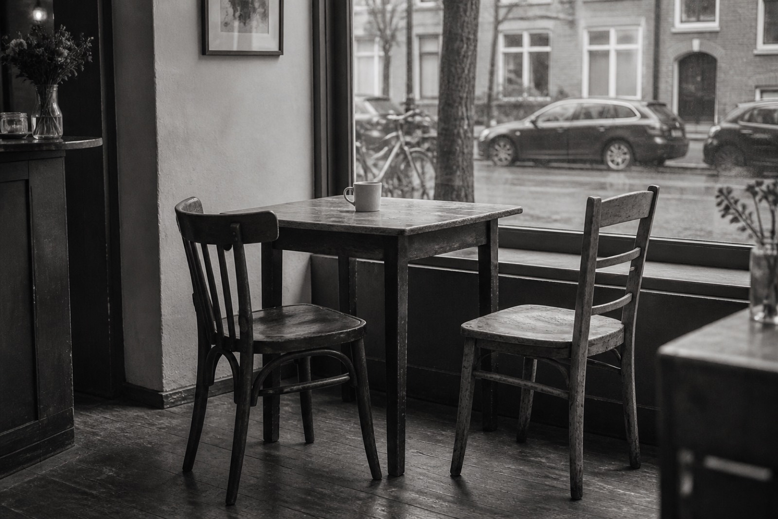 Black-and-white image of two worn chairs beside a café window