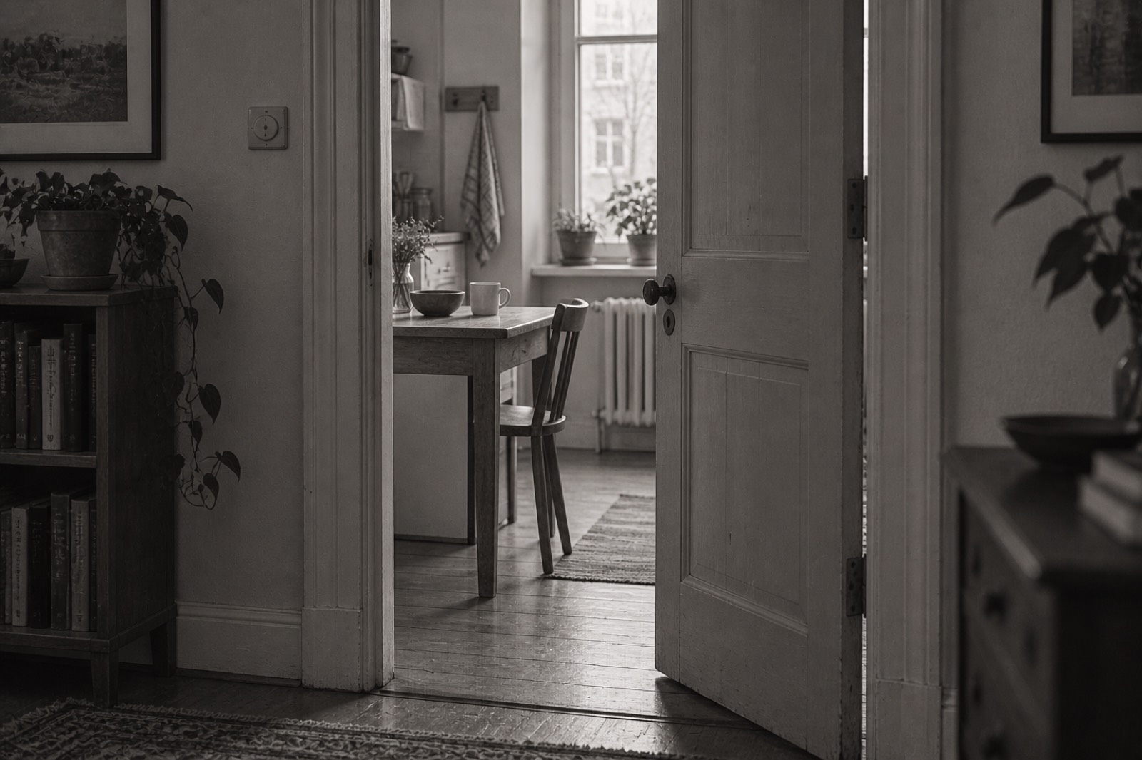 Black-and-white photograph of an open doorway into a quiet kitchen